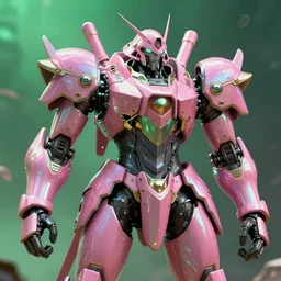 hyperrealistic hyperdetailed medieval mecha iridescent pink battle war concept art santiago caruso de chirico sharp very dramatic green light 8k low angle shallow depth of field