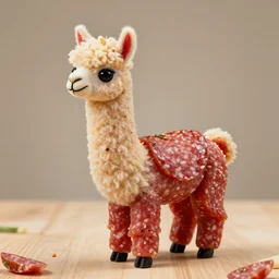 food photography, llama animal made of salami