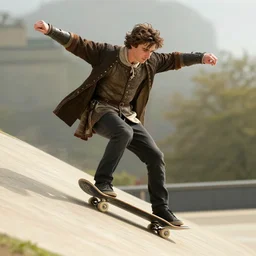 brightly lit historically inaccurate comedy medium shot film still of ( timothee chalomet plays king alfred ) king alfred skateboarding down a hill in a medieval comedy titled'the hijinx of king alfred ', directed by john landis, colorful lighting high contrast, hyperrealistic shocking detail trending on artstation 8 k