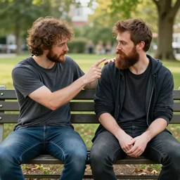 a very ugly man setting on a bench trying to mess with his gorgeous bearded friend, trending of artstation
