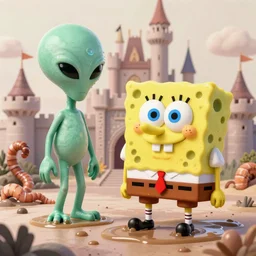 pop - wonder - nft alien - meat half - tone - art of a sponge - bob - squidbilly wading through the goopy - muck and slithering about the castle side delights on a melted cheesy day in a hand - drawn vector, svg, cult - classic - comic - style