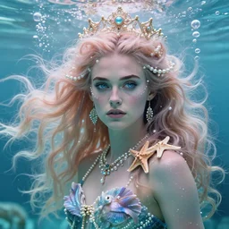 “ keira knightley portrait, fantasy, mermaid, hyperrealistic, game character, underwater, highly detailed, sharp focus, cinematic lighting, pearls, glowing hair, shells, gills, crown, water, highlights, starfish, jewelry, realistic, digital art, pastel, magic, fiction, ocean, king, colorful hair, sparkly eyes, fish, heroic, goddess, waves, bubbles, queen ”
