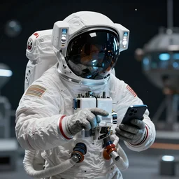 an astronaut from the 6 0 s using a smartphone, science fiction industrial hard science concept art, 8 k render octane high definition cgsociety