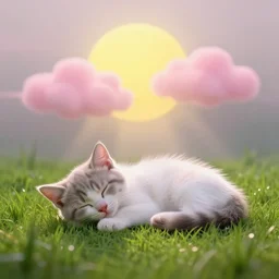 kitten sleeping on the green grass, pink clouds backlit by yellow sun, nostalgic, calming, aesthetic, volumetric fog, godrays, high contrast, high contrast, high contrast, vibrant colors, vivid colors, high saturation, by Greg Rutkowski and Jesper Ejsing and Raymond Swanland and alena aenami, featured on artstation, wide angle