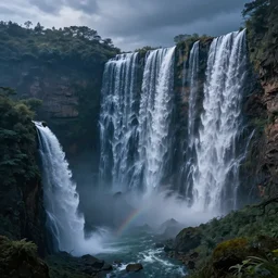 mountainscape with multiple extremely huge waterfalls at night, fantasy art, hyperrealistic, octane render, trending on artstation, concept art, artstationHD, artstationHQ, unreal engine, 8k,
