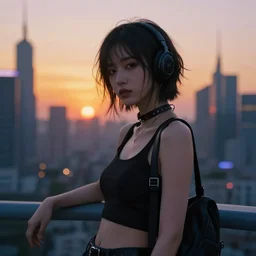 cyberpunk girl looking to the city at sunset