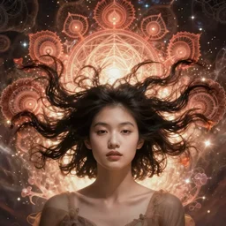 ridiculously beautiful young asian woman tripping with black hair, coral fractals radiating from head with sacred geometry, natural, awakening, symmetrical, in the style of ernst haeckel, effervescent, warm, photo realistic, epic and cinematic,