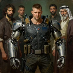 weightlifter with super large robot arms. cyberpunk mercenary minion in a military vest ( blade runner 2 0 4 9, cyberpunk 2 0 7 7 ). orientalist portrait by john william waterhouse and james gurney and theodore ralli and nasreddine dinet, oil on canvas. cinematic, hyper realism, realistic proportions, dramatic lighting, high detail 4 k