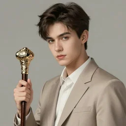 a handsome young man holding a adorned cane. intricate, elegant, highly detailed, digital painting, artstation, concept art, sharp focus, illustration, by justin gerard and artgerm, 8 k