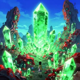 an enchanted neon anime inspired isekai crystals mines!!!!!!!!!!!!!!!!!!!!! glowing ocean ore, green and red, anime aesthetic, bright blue and cyan sky. by greg rutkowski, in the style of a grand adventure