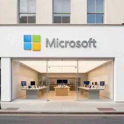 photograph of a 2030s Microsoft Samsung flagship store in the style of Wes Anderson and Ross lovegrove, architecture magazine, dezeen, 50mm, pentax, film
