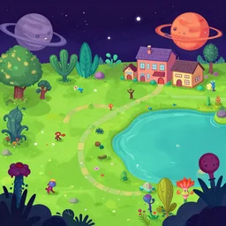 in a park and next to a lake, in a small town on an alien planet, with strange alien plants and flowers, from a space themed Serria point and click 2D graphic adventure game, made in 2019, digital art