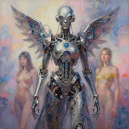 art titled mechanic dream by caitlin hacket hannah yata, stephen kruse and ill. des featuring anna charney inspired by archan nair and salviadroid. visionary psychedelic fineart painting. gigapixel resolution. intricate detailed. beautiful dramatic cinematic. in the style of subject zero. hyperrealistic render. dreamy blurry pastel aquarel background.