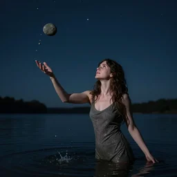 young beautiful woman tossing stones on water with starry sky above and dark abyss below, trending on artstation, trending on deviantart, cinematic lighting, high detail, greg rutkowski, 8 k upscaling, by charles vess, anoto finnstark