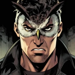 portrait of an angry man with an owl face, criminal underground, tight shot, highly coherent, saga comic, fiona staples