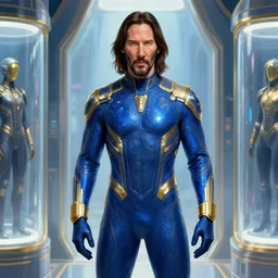 porttait of Keanu Reeves as a celestial pearlescent interstellar warrior wearing a futuristic slim airforce suit exposed in cryo chambers by James Jean, royal blue and gold theme, intricate, elegant, highly detailed, centered, digital painting, artstation, concept art, smooth, sharp focus, illustration, by Peter Mohrbacher, WLOP