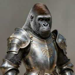 Portrait of a gorilla wearing ornate chrome knight’s armor, D&D, fantasy, intricate, elegant, highly detailed, digital painting, artstation, concept art, matte, sharp focus, illustration, art by Artgerm and Greg Rutkowski and Alphonse Mucha, portrait