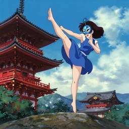 a woman in a blue dress wearing a blue peacock mask jumping down in an aerial kick from the top of a Shinto temple , film still from the an anime directed by Katsuhiro Otomo with art direction by Salvador Dalí, wide lens