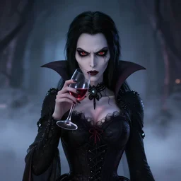 full shot portrait of angry darkness vampire anime girl drink wine, gothic clothing, worrying eyes, inspired by Tim Burton, detailed, unreal engine 4k volumetric light, fog,