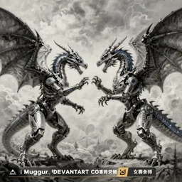 a couple of cybernetic dragons fighting each other in the sky, an ultrafine detailed painting by muggur, deviantart contest winner, fantasy art, high detailed, deviantart hd, detailed painting