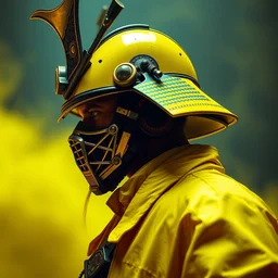 profile of old samurai, cyberpunk, vibrant yellow colors, surreal, french baroque style by alexander mcqueen, hyper detailed, cinematic, photograph