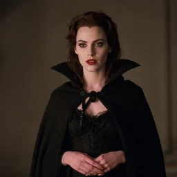 Film still of Alexandra Daddario, beautiful vampire mistress dressed in a black cloak, by Stanley Artgerm Lau
