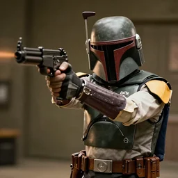 film still of Boba Fett shooting an Uzi in Scarface movie, 4k