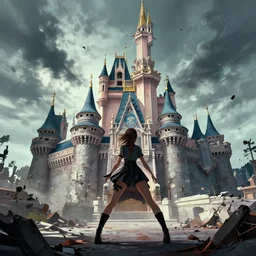a girl in chernobyl disneyland, disneyland castle, digital illustration, by android jones and greg rutkowski, nuclear waste color scheme, detailed, cinematic lighting, wide angle action dynamic portrait