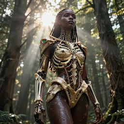 hyperrealistic long shot mithra gorgeous black woman intricate exoskeleton bone armor in a forest sun behind her god rays highly detailed concept art eric zener elson peter cinematic low angle hd 8k sharp rack focus