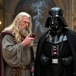 gandalf and darth vader smoking a pipe together,