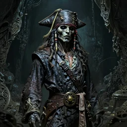 ghostly decomposing pirate, head and torso, standing in a grotto, intricate, elegant, highly detailed, digital painting, artstation, concept art, smooth, sharp focus uhd 8 k, dark, atmospheric ”