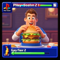 screencap of guy fieri ps 2 play station 2 burger eating minigame, ign screenshot, 3 d graphics, stylized character models, game ui, hq image
