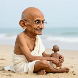 gandhi with a big head and a small body, at the beach, sitting on the sand next to a campfire, with palm trees in the back, intricate detail, illustration, caustics, octane render, radiant light, 4 k