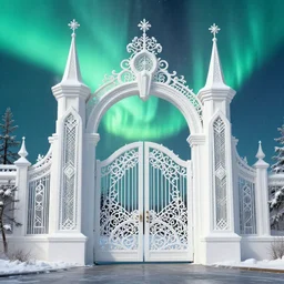 a very detailed concept art of intricate and scandinavian white gates to aurora borealis infused with lights, trending on artstation, symmetry, digital art, 4 k, hyper realistic, octane render, sharp focus