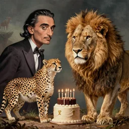 cheetah and lion celebrates birthday , concept art, huge scale, high detail, intricate by Dali and James Jean