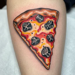 tattoo of a slice of pizza made out of lava with rock toppings, red, white, yellow and black ink, hyperdetailed, realistic