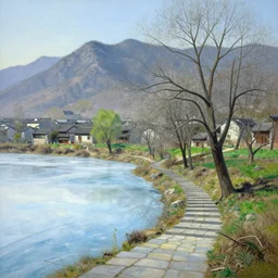a gorgeous bleak spring landscape painting by barlowe wayne maxfield parrish and marco mazzoni. sunny morning. tree no leaf!! china mountain village!! grey blue and verdancy. the lake ice is melting. the winding stone steps. ultra clear detailed. 3 d, octane render..