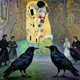 a battle of crows in a medieval city, hyperrealistic film still by edward hopper, by gottfried helnwein, by klimt, by paolo uccello, art nouveau, highly detailed, strong lights, liminal, eerie, bright pastel colors
