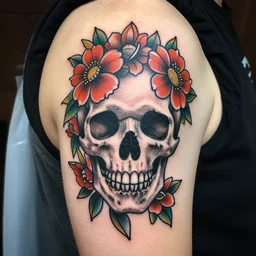 skull and flowers tattoo