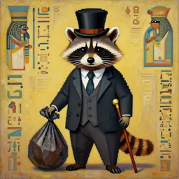 a raccoon wearing formal clothes, wearing a tophap and holding a cane. the raccoon is holding a garbage bag. oil painting in the style of rembrandt vincent van gogh hokusai pixel art abstract cubism egyptian tomb heiroglyphics