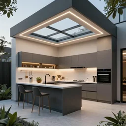 modern kitchen with led strip lighting roof lantern, homes and gardens, super detailed render, award winning,