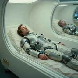 a medium shot of Ripley sleeping inside an all-white room of cryogenic sleeping pods with glass covers by Ridley Scott, Alien movie, grainy, bluish and cream tones