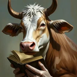 a detailed portrait of a cow holding a book by justin gerard and greg rutkowski, digital art, realistic painting, dnd, dungeons & dragons, character design, trending on artstation