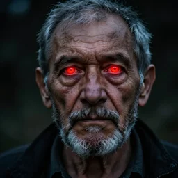 an old man with glowing red eyes