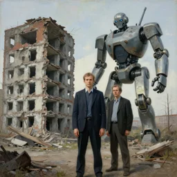 a ivan shishkin and simon stalenhag painting of a ruined building and enormous robot