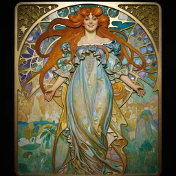 Alphonse Mucha, art nouveau, wood carving, beautiful pretty female Hayley Williams Paramore, smile, symmetrical, symmetrical eyes, realistic, victorian blue dress, long red hair, full body action pose, gold green blue purple, Unreal Engine