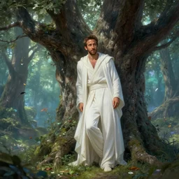 ryan reynolds wearing white robes leans against a magical tree romance novel fantasy artwork epic detailed and intricate digital painting trending on artstation by wlop octane render