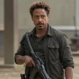 robert downey jr as an african american character in a war movie, cinematic still