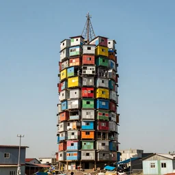 a tower made up of colourful makeshift squatter shacks, dystopia, sony a 7 r 3, f 1 1, fully frontal view, photographed by julie blackmon