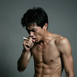 A still from a Hong Kongese anti-smoking API (PSA/Commercial), the API shows a skinny man coughing, 1980's aesthetic, grey gradient background, dark lighting, scary, ominous.